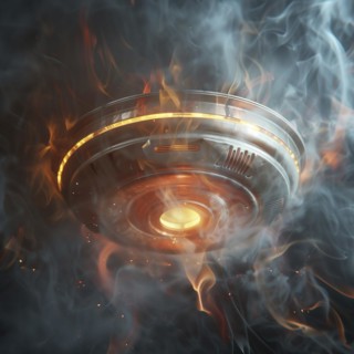 A modern smoke detector goes off in an environment full of smoke and ash, AI generates, AI