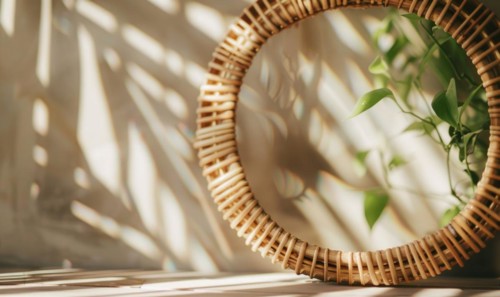 Delicate rattan frame on minimalistic natural material flat background, space for text AI generated
