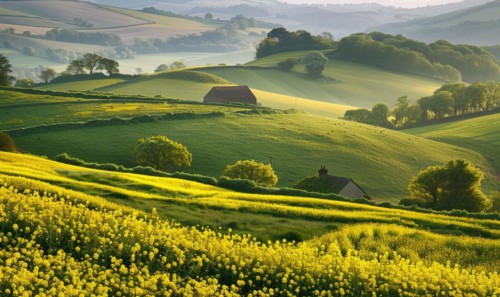 A picturesque countryside scene with rolling hills blanketed in vibrant yellow rapeseed flowers,