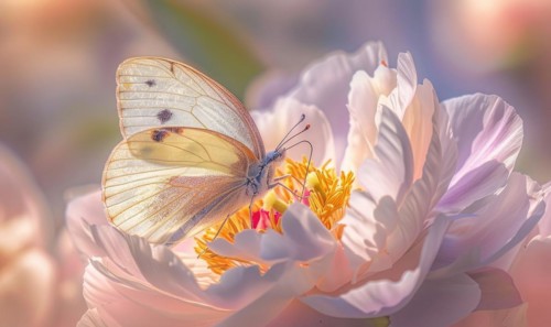 Close-up of a peony flower with a butterfly resting on its petals AI generated