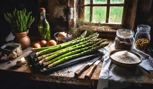 Green asparagus in a rustic farmhouse kitchen, AI generated, AI generated