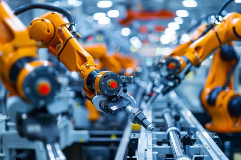 Mechanical arms performing work in factory. KI generiert, generiert, AI generated