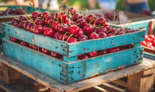Ripe cherries displayed in a vintage fruit crate at a country fair AI generated