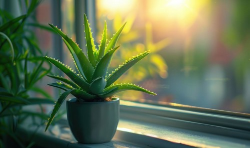A close-up of a vibrant green aloe vera plant basking in the sunlight on a windowsill AI generated