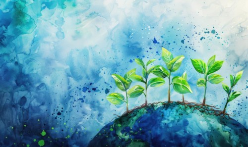 Vibrant watercolor painting of Earth with tree saplings growing on top AI generated