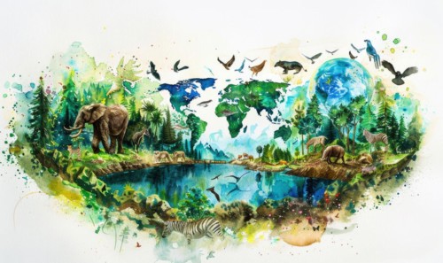 Watercolor illustration of Earth with wildlife and forests AI generated
