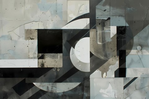 Modern abstract monochrome geometric design with a mix of black, white, and gray shades,