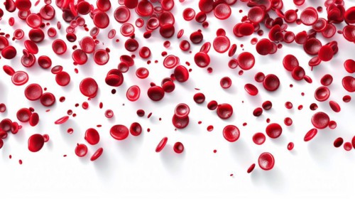 A multitude of red blood cells chaotically scattered on white background, ai generated, AI