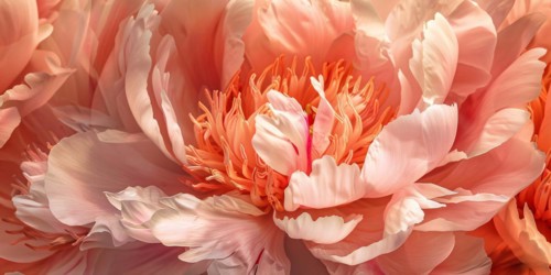 Close up of inside of peach colored peony flower, KI generiert, generiert, AI generated