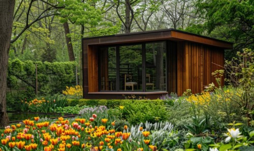 A minimalist modern wooden cabin surrounded by a variety of spring flowers and lush green foliage