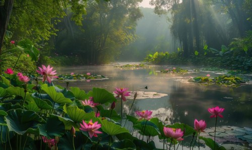 A serene pond surrounded by blooming pink lotus flowers and lush green foliage AI generated