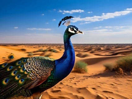 Peacock with the full display of magnificent plumage usp in each feather in the Thar desert, AI