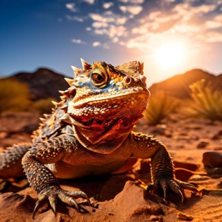 Horned lizard in perfect camouflage with the desert floor basking under the warm glow of the sonora