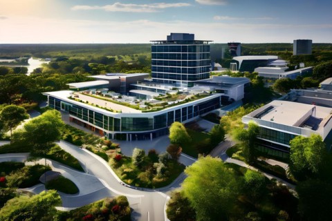 Aerial view of a modern hospitals green roof designed as a therapeutic garden, AI generated,
