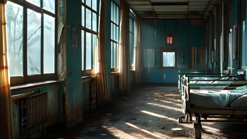 Rows of empty rusting hospital beds suspended in the melancholy, AI generated, hospital, damage,