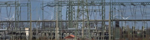 Stendal West substation with wind turbines in the background near Luederitz, panoramic photo,