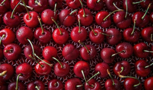 Ripe cherries arranged in an intricate pattern, rip cherries background AI generated