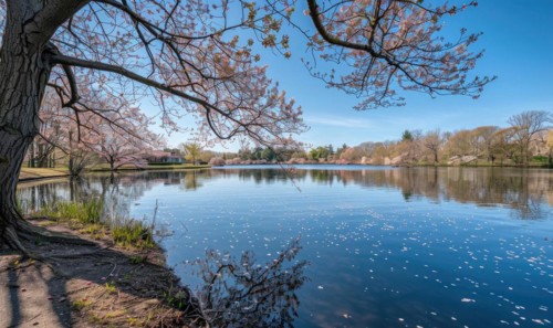The lake in full bloom during the springtime, cherry tries blossoms near the lake in clear sunny