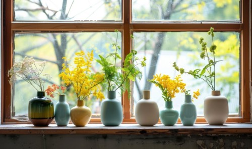 A group of vases with wildflowers displayed on a windowsill AI generated