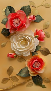 A delicate paper art floral composition with red and white blossoms on a golden textured backdrop,