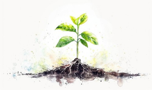 Watercolor illustration of a tree sprout with tiny roots on white background AI generated