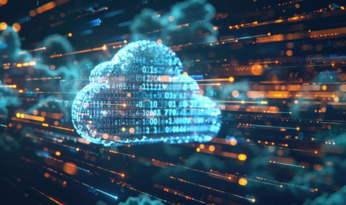 Cloud computing background with server racks and digital data streams AI generated