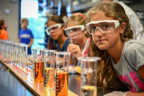 Pupils experimenting in a classroom with safety goggles, chemistry lessons, AI generated, AI