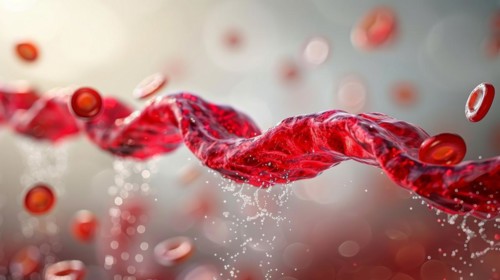 Red blood cells and a twisting DNA strand in a dynamic microscopic scene, ai generated, AI