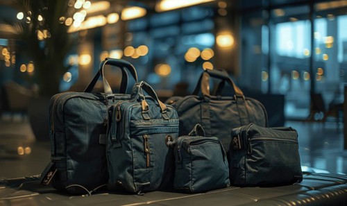 Casual denim bags with leather accents in an interior with warm bokeh lighting AI generated