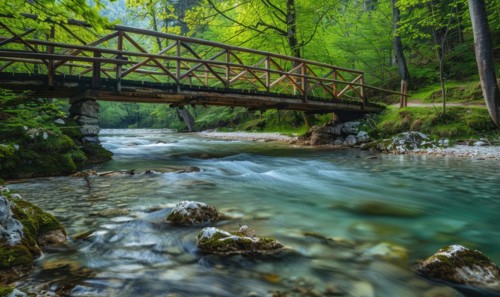 A rustic wooden bridge spanning over a crystal-clear spring river AI generated