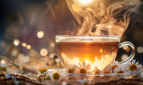 Chamomile tea cup with steam rising, closeup view of herbal tea AI generated