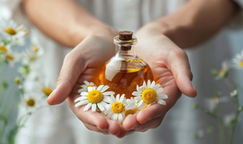 Hands holding bottle of chamomile essential oil, organic cosmetic, beauty in nature, closeup view