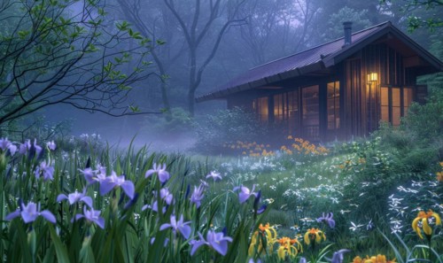 Morning mist enveloping a contemporary wooden cabin hidden deep within a spring garden filled with
