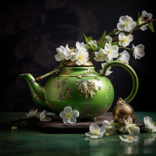 Green Teapot with Golden Floral Designs and White Blossoms, AI generated
