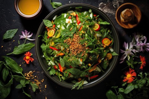 Vibrant Burmese Green Tea Salad with Zucchini Noodles, AI generated