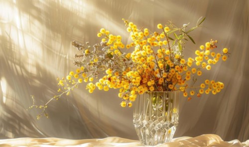 Bouquet of blooming Mimosa branches in glass vase AI generated