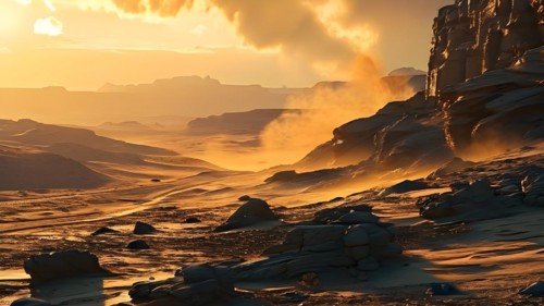 Patagonian desert landscape with powerful wind shaping landforms isolated rock formations, AI