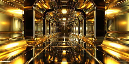 Futuristic golden hallway room. KI generiert, generiert, AI generated