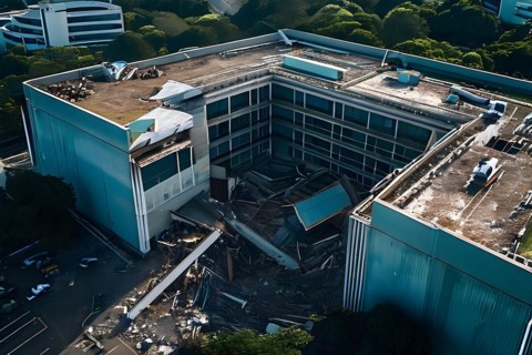 Neglected hospital section with collapsed roof elements, AI generated, hospital, damage, abandoned,