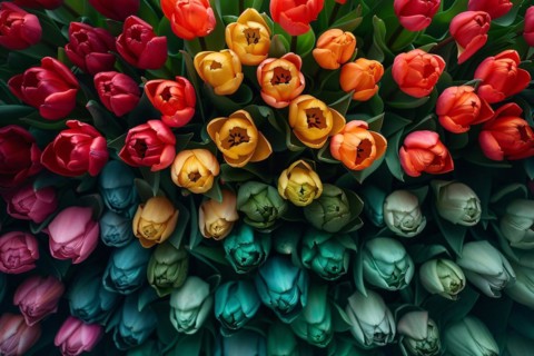 Top-down view of a diverse array of colorful tulips, AI generated