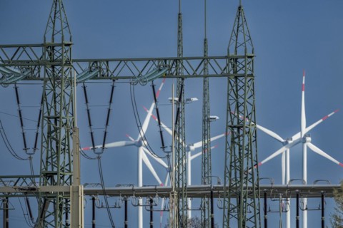 Stendal West substation with wind turbines in the background near Luederitz, Stendal,