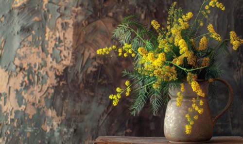 A close-up shot of Mimosa branches arranged in a vintage pitcher AI generated