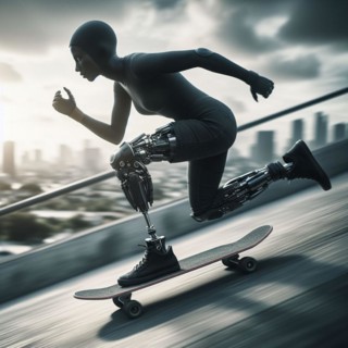 Futuristic female figure with a prosthetic leg running at speed with clean lines and urban