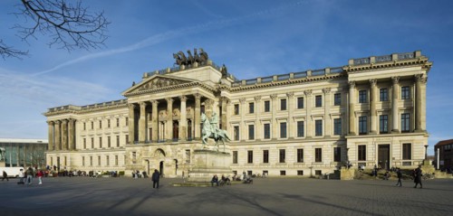 Reconstruction of Brunswick Castle, today the Schloss arcades shopping centre, equestrian statue of