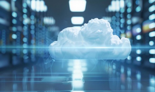 Cloud computing background with server racks and digital data streams AI generated