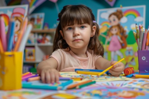 A pre-school girl sits at a table and draws a picture with coloured pencils, AI generated, AI