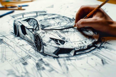 A designer in the field of automotive design, industrial design sketches a super sports car by hand