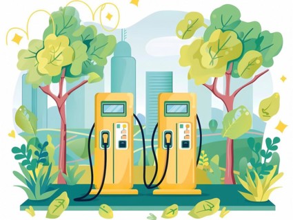 Bright and colorful illustration of electric car chargers in an urban green space, illustration, AI