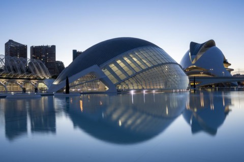 L'Hemisferic in the City of Arts and Sciences, behind it the Palau de les Arts Reina Sofia opera
