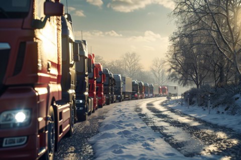 Traffic jams, congested motorway with many lorries and cars in winter, bad weather conditions, snow